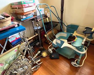 Vintage games, mid-century baby strollers, fireplace tools