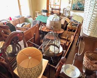 Baskets, birdcage, chairs, and more