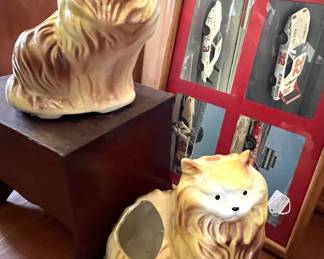 Ceramic cat vases, framed race cars