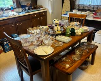 Farmhouse style dining table w/ 2 chairs and 2 benches