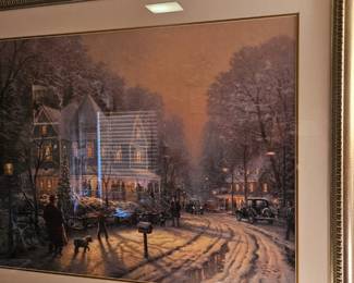 Thomas Kinkade framed print (25”x34”). (‘A Holiday Gathering’ )