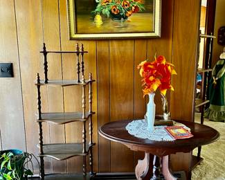 Floral Still Life Art, Eastlake Table, Vintage Spindle Shelf 