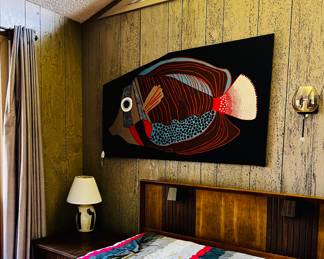 VINTAGE SCANDINAVIAN SILK SCREEN FISH ART “Fish” framed textile design by Barbara Brenner for Intair Stoffdesign Fish. The corner was folded for an angled room but not cut.  