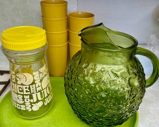 Kitchen items including this 1960's green pitcher / juice pitcher, tupperware