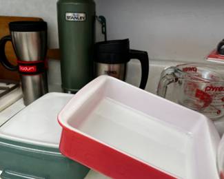 Pyrex pink and green casserole dish