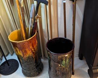 Majolica umbrella jars/stands, vintage walking sticks, canes