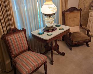 Vintage lamp, marble top table and chairs