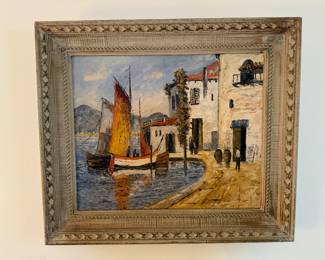 Framed Original Oil on Canvas Harbor Scene signed V. Lund