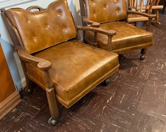 Vintage Tufted Leather Armchairs on Casters