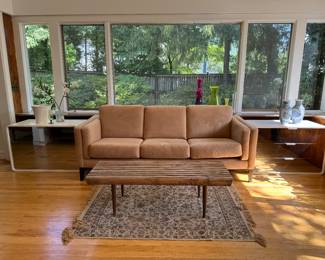 KSL Furniture Microsuede 3 Seat Upholstered Sofa (32"D x 82"W x 26" Back Height), White Rounded Edge 3 Mirrored Drawer Side Tables (36"W x 18"D x 24"H / 2 Total) & Mid-Century Modern Slatted Bench / Coffee Table (18"D x 48"W x 14-1/2"H)