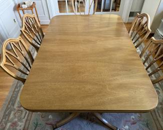 Drexel 2 Pedestal Rectangular Dining Table (62"L x 42"W x 29-1/2"H with 1 Leaf 12"L) with Drexel Shield Back Side Chairs (5pc)