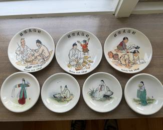 Korean Folk Village Hand Painted Plates (3pc).      Vintage Korea Ironstone Hand Painted Plates (4pc)