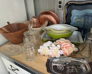 Collection of Vintage Pyrex Mixing Bowls and Other Kitchen Accessories
