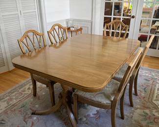Drexel 2 Pedestal Rectangular Dining Table (62"L x 42"W x 29-1/2"H with 1 Leaf 12"L) with Drexel Shield Back Side Chairs (5pc)