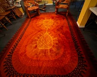 Vintage 60’s room size RYA rug in orange, rust, brown and gold