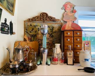 Closeup of Vintage spice Drawers; Vintage ice cream Blender