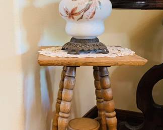 Vintage Accent Table - Antique Hurricane Oil Lamp