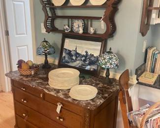 Great marble top chest (one of two), Wedgwood and delft, plate rack
