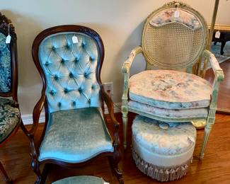 turquois blue rocker, and pastel floral cane backed bedroom chair