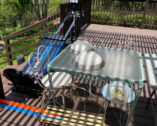 vintage square glass topped table , four bistro stools