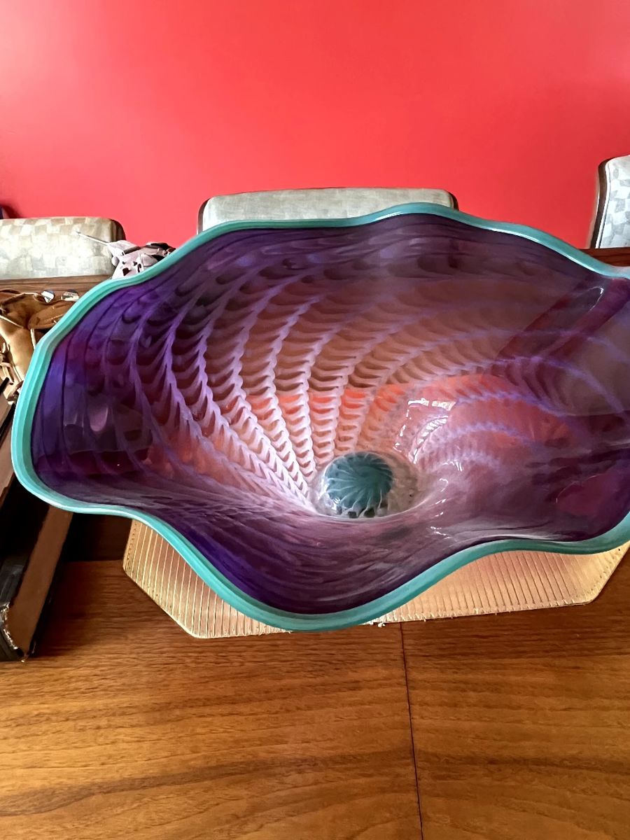 Very Rare Large signed 1999 LaChaussee Art Glass bowl in purple and turquoise...This piece takes your breath away!