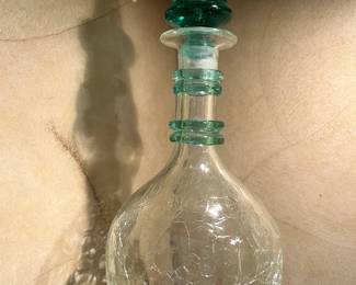 1930's BLENKO Green glass decanter with crackle glass...never have I seen one like this...it is lovely!
