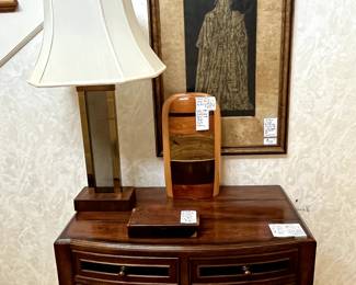 Entryway table or use as a small sofa table or console.  This piece is beautiful!  The lamp is an Injob Creek lamp, solid wood base, positively lovely.  The vase is handcarved, Paul Le Montagne, 8 kinds of wood...breathtaking...like new!