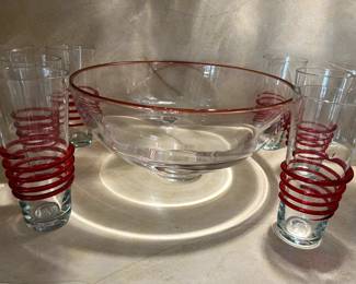 These Red spiral BLENKO glasses are to die for!  They are beautiful with this large weighted red trimmed bowl....Impressive on any table