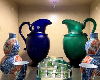 Vintage Japanese Double Gourd Porcelain Saki sets and Metropolitan Museum of Art Cobalt & Jade pitchers...GORGEOUS!