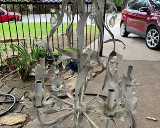 Vintage metal, leaf and floral chandelier with prisms 
