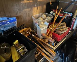 Vintage mallets, baseballs, softballs, gloves