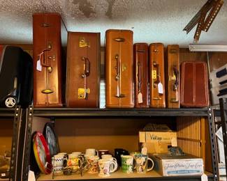 Vintage Samsonite leather luggage and brief cases, Mugs and vintage glass snack sets