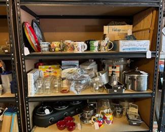 Vintage jars, mugs, pans, large pressure cooker, baking items, Tru 3 section food cooker/warmer
