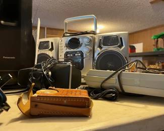 Boom box, speakers, cassette recorder/player, vintage pocket radio
