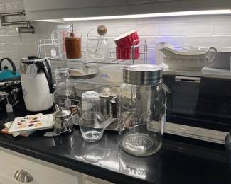 Vintage Corning coffee pot (12 cups) glass water service pieces, cheese crock, vintage 1940's Androck whipped cream/egg hand mixer, vintage Pyrex