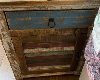 Hand made from barn wood side table with drawer and cupboard, painted details