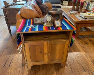 Side table with storage, Mexican Serape, clock, wood  box, art pieces