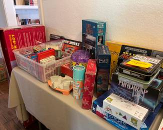Lots of card games, dominoes, and games