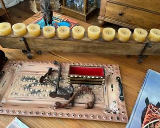 Metal tray, iron hooks, 12 candle sugar mold