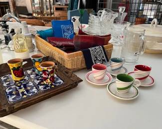 Starbucks Holiday coffee set, printed bandana napkins, handmade Mexican tray, chocolate mugs from Columbia 