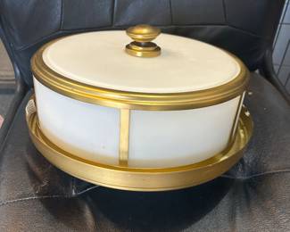 Mid-century modern ceiling mount two bulb drum light fixture, white glass diffuser panels, gold frame WOW statement 