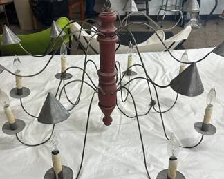 MOSES WILLARD CHANDELIER Second half 20th century. Vermont Lighting Co. Turned wooden column and distressed red paint, wrought iron arms, cookie cutter bobeche, smoke bells. You won’t see this again anytime soon. 