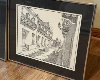 Scenes from San Juan, Puerto Rico; series of black & white drawings 