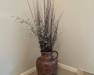 Large pottery floor vase with faux sticks and floral 