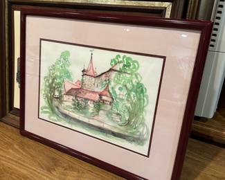 Pink & Green Watercolor (castle) signed by Specdt, 1993