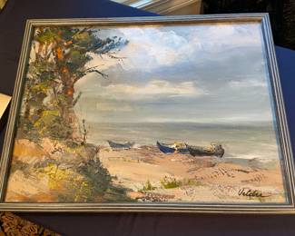 Original oil on canvas by Harijs Veldre (Fishing Boats); 23"x17.25"