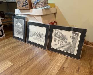 Scenes from San Juan, Puerto Rico; series of black & white drawings 