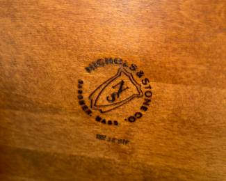 Nichols & Stone oak with iron pedestal dining table, and 4 armless chairs with cane backing