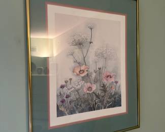Framed (floral garden) watercolor art; signed 
