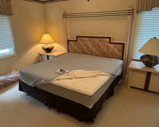 Vintage art deco-style King bed with 2 side tables and navajo-style pottery lamps, sleep number king mattress 